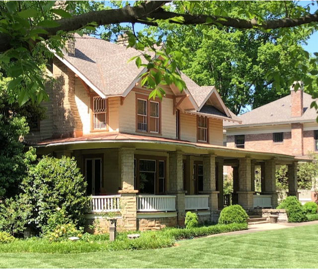 One of three houses on this block built by family of W.S. Alexander, the real estate guy who laid out this part of Elizabeth. Son Walter L. Alexander, who lived here, created the Mayview Manor resort and neighborhood in the NC mountains at Blowing Rock. A subsequent owner, banker and textile man William C. Wilkinson, is the man for whom Charlotte’s Wilkinson Boulevard is named. The spacious house, dating to 1915, has an overall Victorian form but all the details are Bungalow style – especially that breezy wrap-around porch with rustic stone columns.